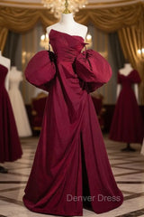 Burgundy Strapless Pleats Puff Sleeve Prom Dresses