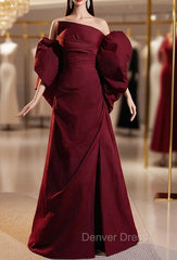 Burgundy Strapless Pleats Split Prom Dresses