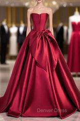 Burgundy Strapless Satin Bow Prom Dresses