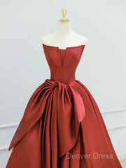 Burgundy Strapless Satin Long Prom Dresses, Beautiful A-Line Evening Party Dresses