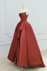 Burgundy Strapless Satin Long Prom Dresses, Beautiful A-Line Evening Party Dresses