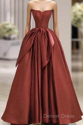 Burgundy Strapless Satin Long Prom Dresses, Beautiful A-Line Evening Party Dresses