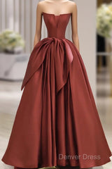 Burgundy Strapless Satin Long Prom Dresses, Beautiful A-Line Evening Party Dresses