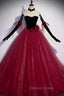 Burgundy Strapless Tulle Long Prom Dress, A Line Prom Dresses
