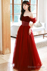 Burgundy Strapless Tulle Long Prom Dress With Beaded, Burgundy Tulle Formal Dress