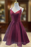 Burgundy Straps V Neckline Short Prom Dress , Lovely Satin Homecoming Dresses