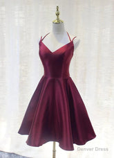 Burgundy Straps V-neckline Short Party Dress , Lovely Satin Homecoming Dress