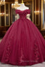 Burgundy Sweet 16 Formal Gown with Lace, Off the Shoulder Prom Dresses Party Dresses
