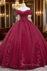 Burgundy Sweet 16 Formal Gown with Lace, Off the Shoulder Prom Dresses Party Dresses