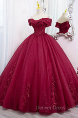 Burgundy Sweet 16 Formal Gown with Lace, Off the Shoulder Prom Dresses Party Dresses