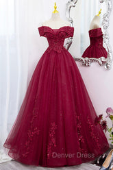Burgundy Sweet 16 Formal Gown with Lace, Off the Shoulder Prom Dresses Party Dresses
