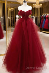 Burgundy Sweetheart Ball Gown Tulle With Beaded Prom Dresses, Burgundy Party Dresses
