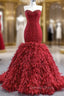 Burgundy Sweetheart Beading Tulle Prom Dresses With Detachable Feather train