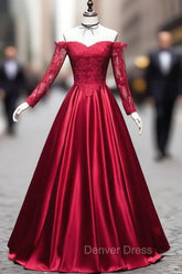 Burgundy Sweetheart Lace Satin Long Prom Dresses Burgundy Evening Dresses