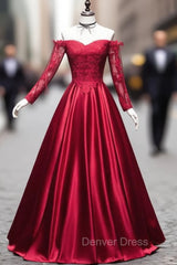 Burgundy Sweetheart Lace Satin Long Prom Dresses Burgundy Evening Dresses