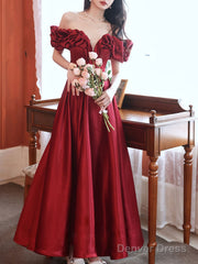 Burgundy Sweetheart Neck Satin Long Prom Dress, Satin Long Evening Dresses