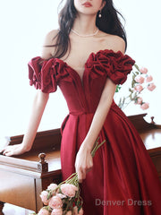 Burgundy Sweetheart Neck Satin Long Prom Dress, Satin Long Evening Dresses