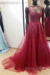 Burgundy sweetheart tulle lace long prom Dresses formal Dresses