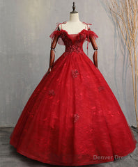 Burgundy Sweetheart Tulle Lace Long Prom Gown, Lace Formal Dress