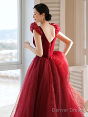 Burgundy Tea Length Prom Dresses, Burgundy Formal Bridesmaid Dresses