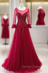 Burgundy Tulle Appliques Beading Backless Prom Dresses