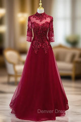 Burgundy Tulle Appliques Beading Short Sleeve Prom Dresses