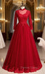 Burgundy Tulle Appliques High Neck Long Sleeve Prom Dresses