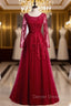 Burgundy Tulle Appliques Long Sleeve Prom Dresses