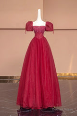Burgundy Tulle Beaded Floor Length Prom Dress, A-Line Short Sleeve Evening Dress