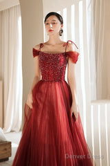 Burgundy Tulle Beaded Long Formal Dress, Spaghetti Straps A-Line Prom Dress