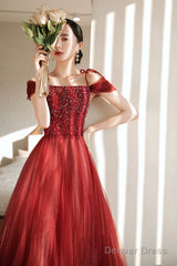 Burgundy Tulle Beaded Long Formal Dress, Spaghetti Straps A-Line Prom Dress