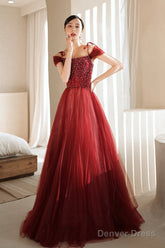 Burgundy Tulle Beaded Long Formal Dress, Spaghetti Straps A-Line Prom Dress