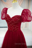 Burgundy Tulle Beaded Long Prom Dress, A Line Short Sleeve Prom Dresses
