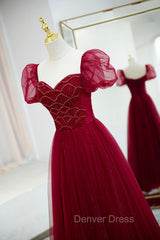 Burgundy Tulle Beaded Long Prom Dresses, A-Line Short Sleeve Evening Dresses