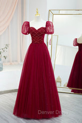 Burgundy Tulle Beaded Long Prom Dresses, A-Line Short Sleeve Evening Dresses