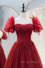 Burgundy Tulle Beaded Long Prom Dresses, A-Line Short Sleeve Formal Dresses