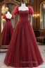 Burgundy Tulle Beaded Long Prom Dresses, A-Line Short Sleeve Formal Dresses