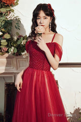 Burgundy Tulle Beaded Long Prom Dress, Beautiful Spaghetti Strap Evening Party Dress