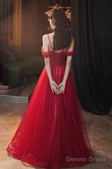 Burgundy Tulle Beaded Long Prom Dress, Beautiful Spaghetti Strap Evening Party Dress