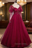 Burgundy Tulle Beaded Long Sleeve Prom Dresses, A-Line Evening Graduation Dresses