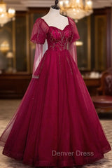 Burgundy Tulle Beaded Long Sleeve Prom Dresses, A-Line Evening Graduation Dresses