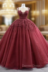 Burgundy Tulle Beading Sequins Illusion Neck Prom Dresses