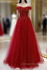 Burgundy Tulle Beading Sequins Off the Shoulder Prom Dresses