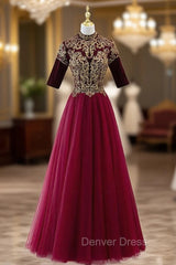 Burgundy Tulle Beading Short Sleeve Prom Dresses