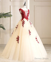 Burgundy Tulle Beads Lace Long Prom Dress Sweet 16 Dress