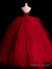 Burgundy Tulle Beads Long Prom Dress, Burgundy Tulle Formal Party Dress