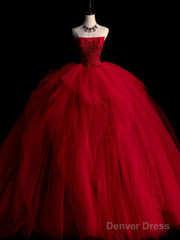 Burgundy Tulle Beads Long Prom Dress, Burgundy Tulle Formal Party Dress