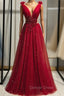 Burgundy Tulle Deep V Neck Backless Beading Prom Dresses