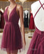 Burgundy Tulle Deep V Neck Homecoming Dresses