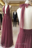 Burgundy Tulle Halter Deep V-neck Backless Prom Dresses